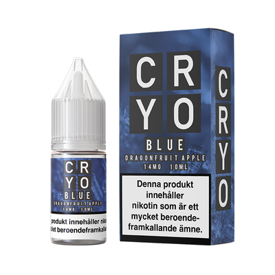 På bilden syns en flaska och låda. båda är blåa och på dom står det Cryo blue dragonfruit apple 14mg 10ml