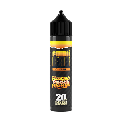 Svart, gul och orange flaska. På flaskan står det frunk bar longfill pineapple peach mango 20ml flavour concentrate