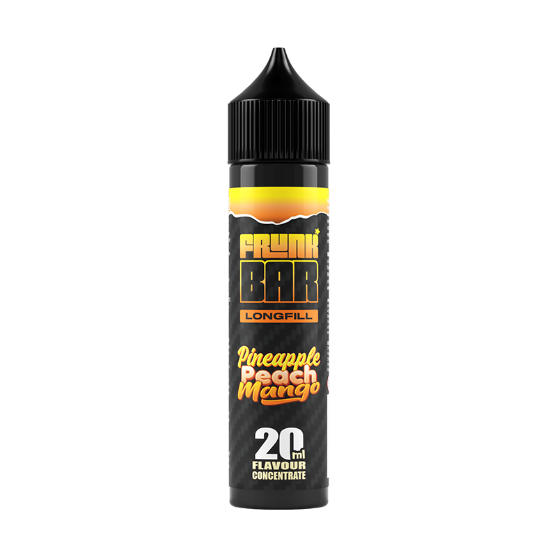 Svart, gul och orange flaska. På flaskan står det frunk bar longfill pineapple peach mango 20ml flavour concentrate