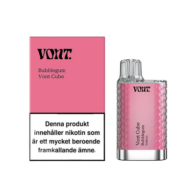 Förpackning och engångsvape Vont Cube bubblegum med varningstext om nikotin och märkning 20 mg/ml.