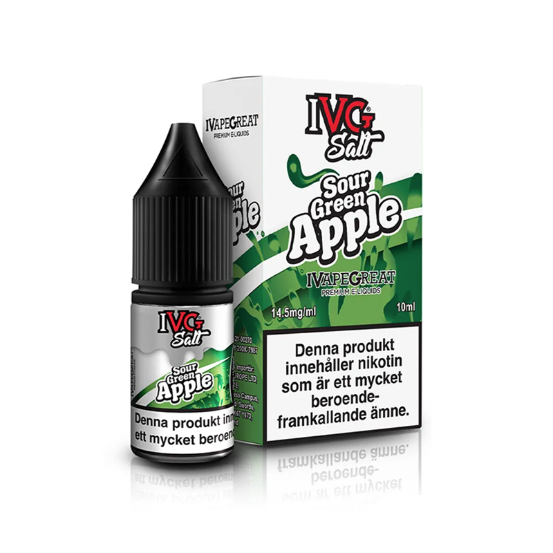IVG Salts Sour Green Apple flaska bredvid originalförpackning
