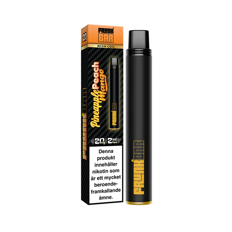 Engångsvape Frunk Bar Pineapple Peach Mango bredvid originalförpackning