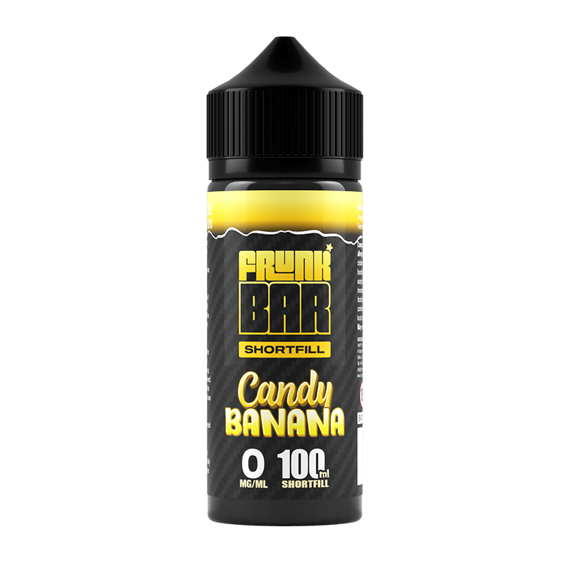 Svart och gul flaska. På flaskan står det frunk bar shortfill candy banana 0 mg/ml 100ml shortfill