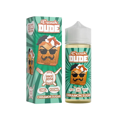 French Dude Cinnamon Sugar original låda och flaska mot vit bakgrund