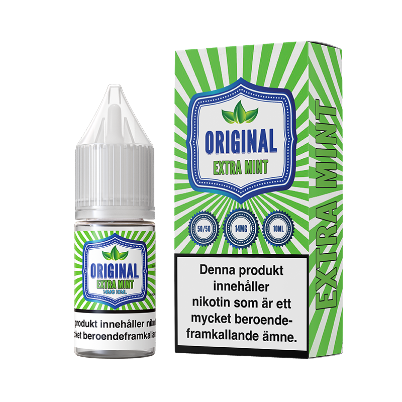 På bilden syns en flaska och låda. båda är gröna och vita. på dom står det original extra mint 50/50 14mg 10ml