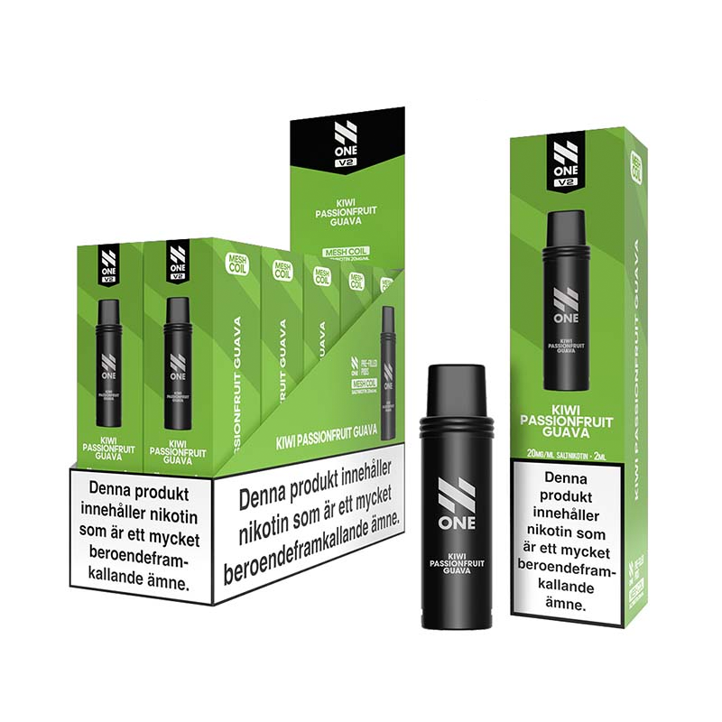N One Mesh Pod V2 Kiwi Passionfruit Guava 10-pack förfyllda vape pods, 2 ml e-vätska och 20 mg nikotin, kompatibla med N One Mesh Pod Kit V2.
