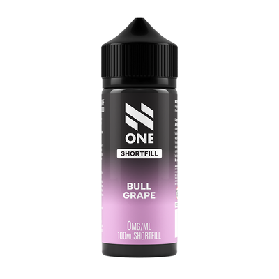 Svart och rosa flaska. På flaskan står det N One Shortfill bull grape 0mg/ml 100ml shortfill