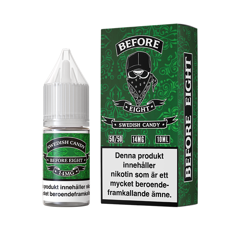 På bilden syns en flaska och låda. båda är gröna och på dom står det Swedish candy before eight 14mg