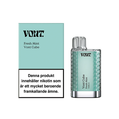 Förpackning och engångsvape Vont Cube fresh mint med varningstext om nikotin och märkning 20 mg/ml.