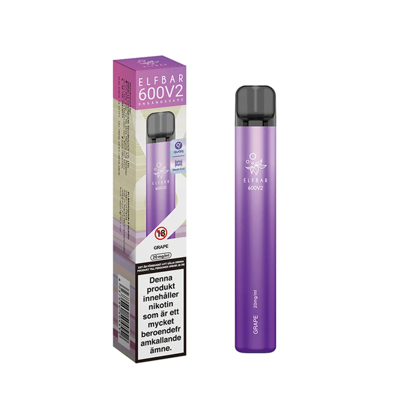 Elfbar V2 Mesh Engångs Vape Grape bredvid originalförpackning