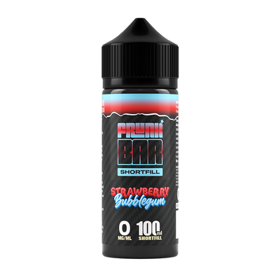 Svart, blå och röd flaska. På flaskan står det frunk bar shortfill strawberry bubblegum 0 mg/ml 100ml shortfill