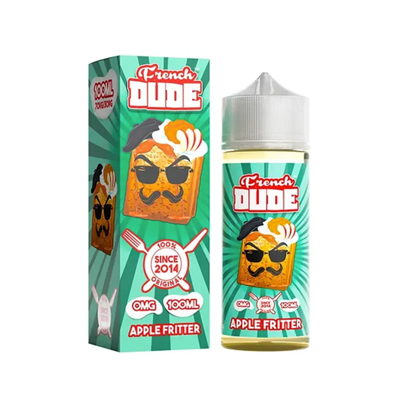 French Dude Apple Fritter originalkarton och flaska mot vit bakgrund