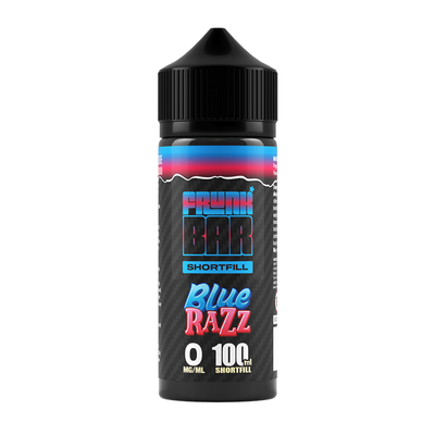 Svart, blå och rosa flaska. På flaskan står det frunk bar shortfill blue razz 0 mg/ml 100ml shortfill