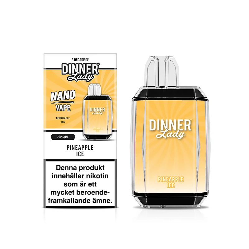 Dinner Lady Nano Mesh Pineapple Ice engångsvape med förpackning – smak av ananas och cooling, 20 mg nikotinsalt