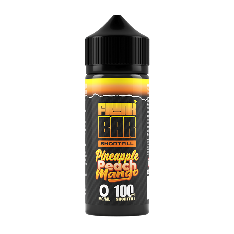 Svart, gul och orange flaska. På flaskan står det frunk bar shortfill pineapple peach mango 0 mg/ml 100ml shortfill