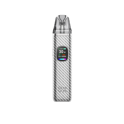 OXVA Xlim PRO 2 i färgen Silver Carbon – e-cigarett med display, transparent pod och stilrent silverfärgat kolfibermönster