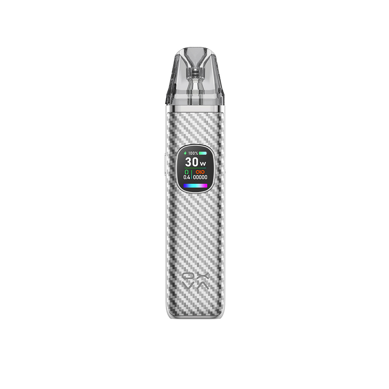 OXVA Xlim PRO 2 i färgen Silver Carbon – e-cigarett med display, transparent pod och stilrent silverfärgat kolfibermönster