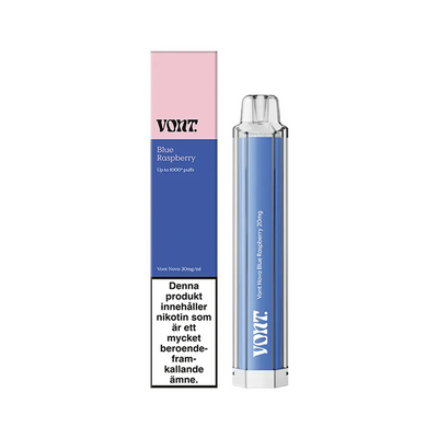 Engångsvape Vont Nova Blue Raspberry bredvid originalförpackning