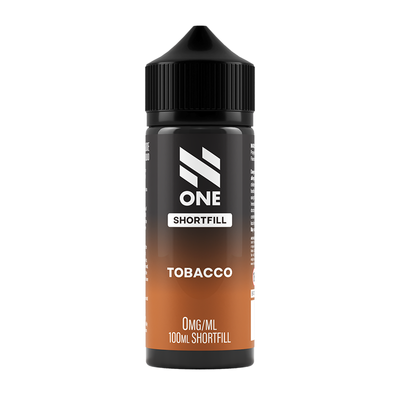 Svart och brun flaska. På flaskan står det N One Shortfill tobacco 0mg/ml 100ml shortfill