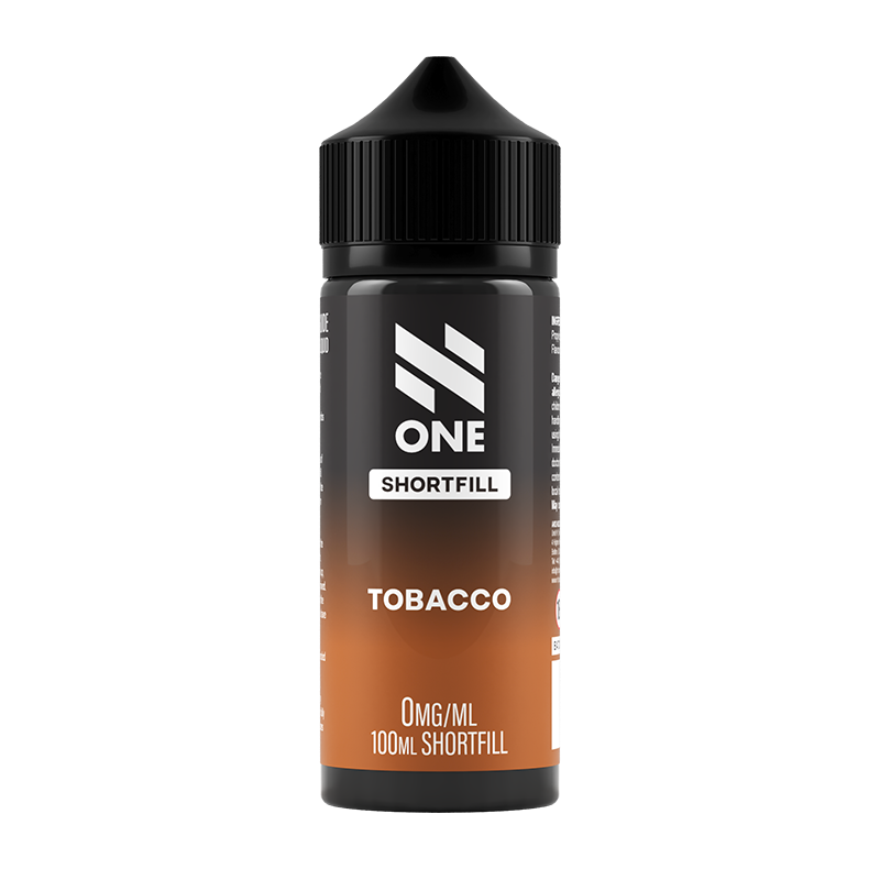 Svart och brun flaska. På flaskan står det N One Shortfill tobacco 0mg/ml 100ml shortfill