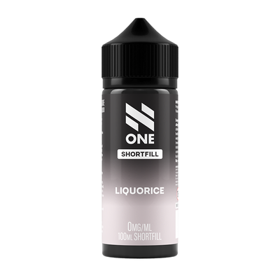 Svart och grå flaska. På flaskan står det N One Shortfill Liquorice 0mg/ml 100ml shortfill