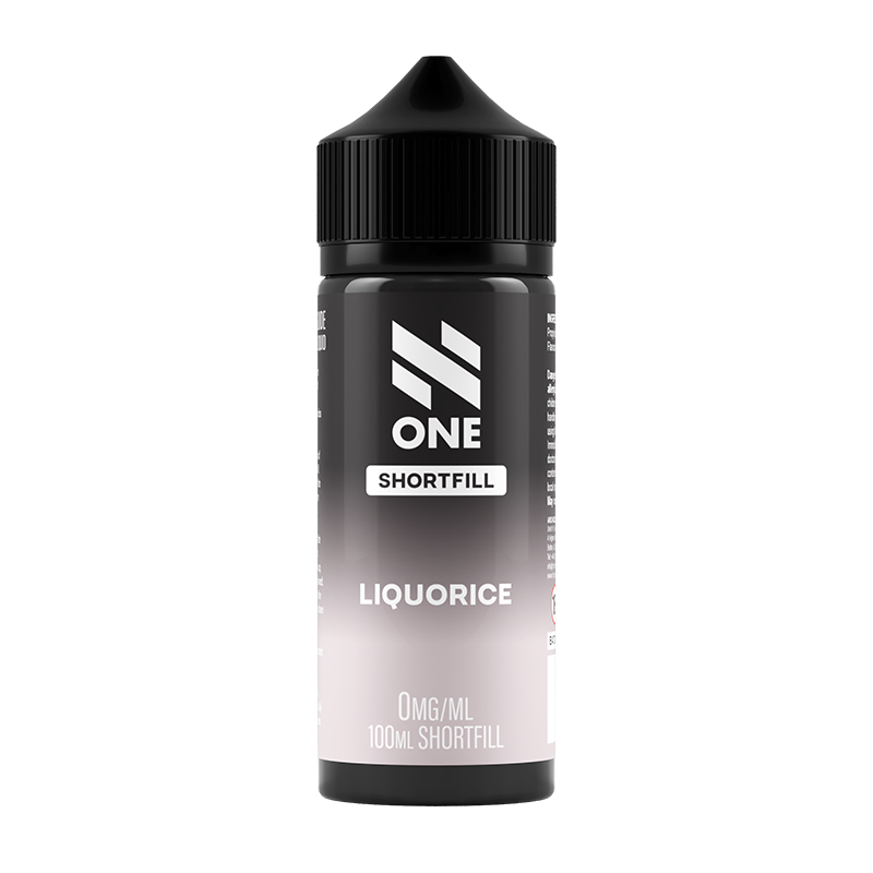 Svart och grå flaska. På flaskan står det N One Shortfill Liquorice 0mg/ml 100ml shortfill