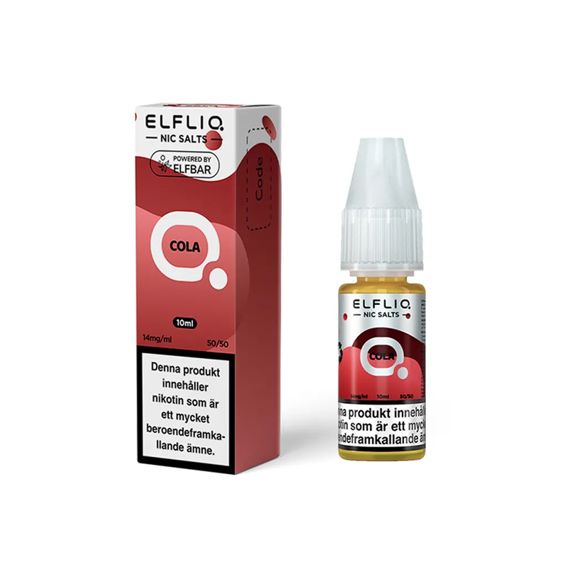 ElfLiq Cola Flaska bredvid originalförpackning