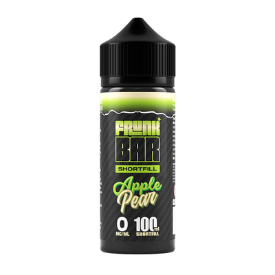 Svart, grön och gul flaska. På flaskan står det frunk bar shortfill apple pear 0 mg/ml 100ml shortfill