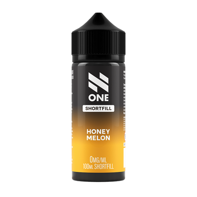 Svart och orange flaska. På flaskan står det N One Shortfill honey melon 0mg/ml 100ml shortfill