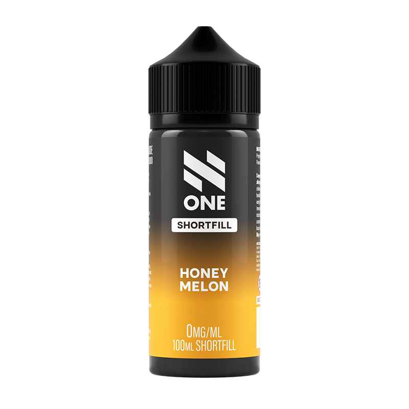 Svart och orange flaska. På flaskan står det N One Shortfill honey melon 0mg/ml 100ml shortfill