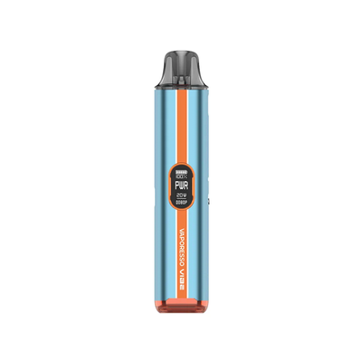 Vaporesso VIBE i färgen Turbo Blue – e-cigarett med OLED-skärm, Dual Mesh-pod och blå design med kontrasterande ränder