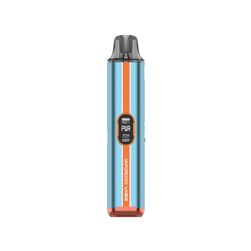 Vaporesso VIBE i färgen Turbo Blue – e-cigarett med OLED-skärm, Dual Mesh-pod och blå design med kontrasterande ränder