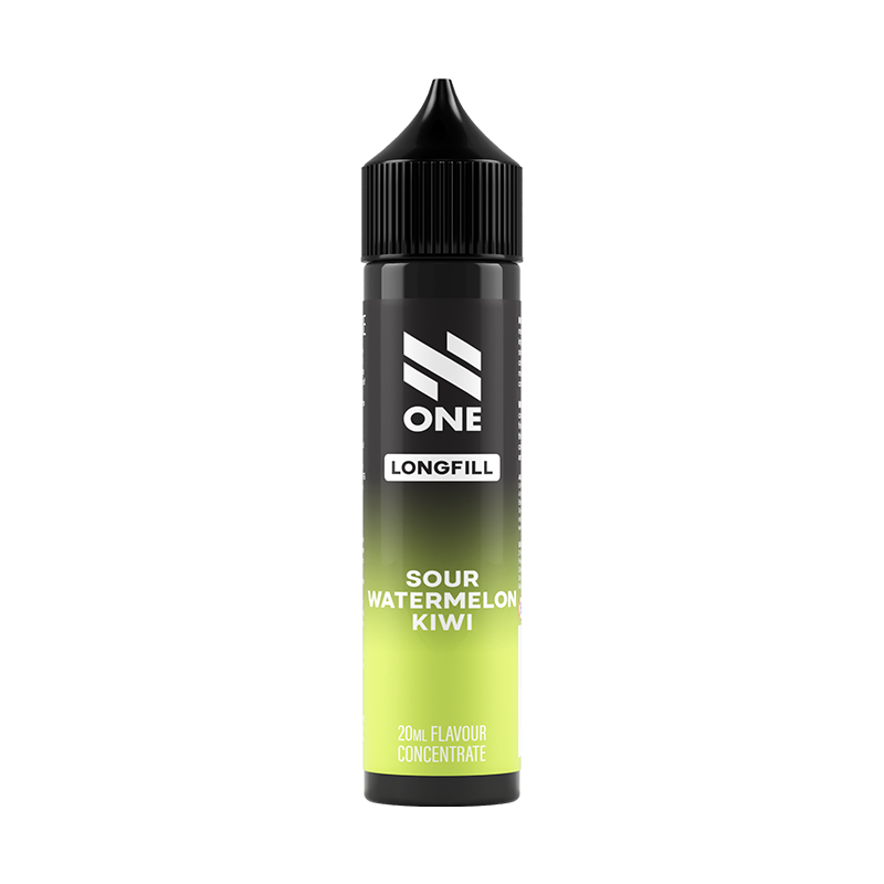Svart och grön flaska. På flaskan står det N One longfill sour watermelon kiwi 20ml flavour concentrate