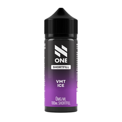 Svart och lila flaska. På flaskan står det N One Shortfill vmt ice 0mg/ml 100ml shortfill