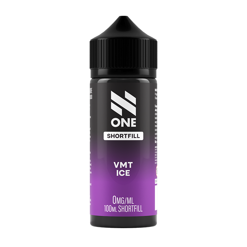 Svart och lila flaska. På flaskan står det N One Shortfill vmt ice 0mg/ml 100ml shortfill