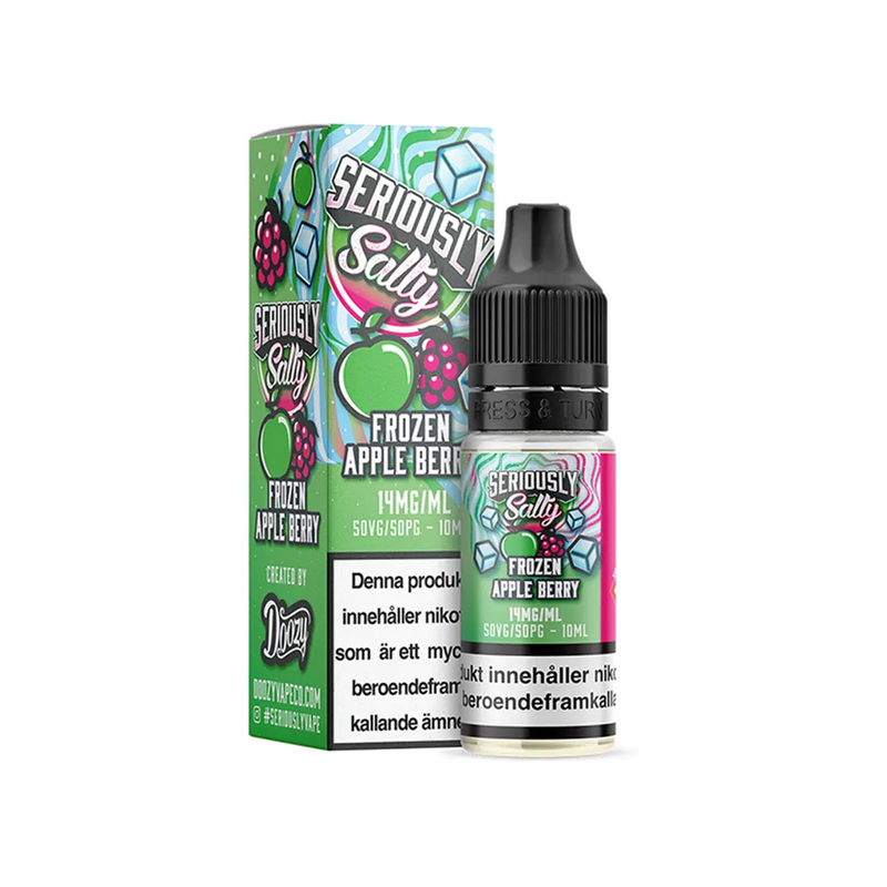 Seriously Salty Frozen Apple Berry Flaska bredvid originalförpackning