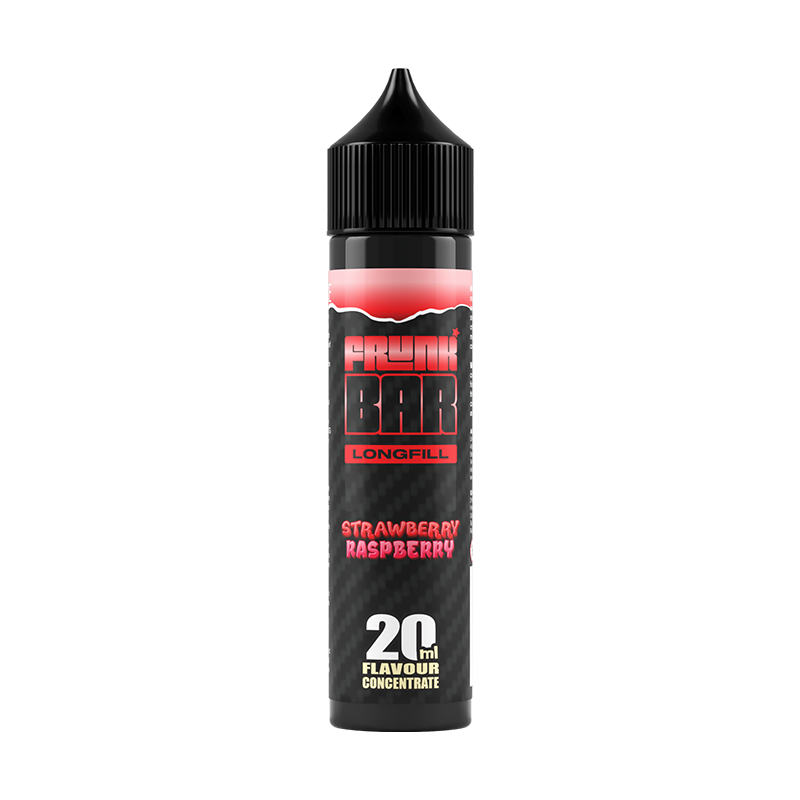 Svart, röd och rosa flaska. På flaskan står det frunk bar longfill strawberry raspberry 20ml flavour concentrate