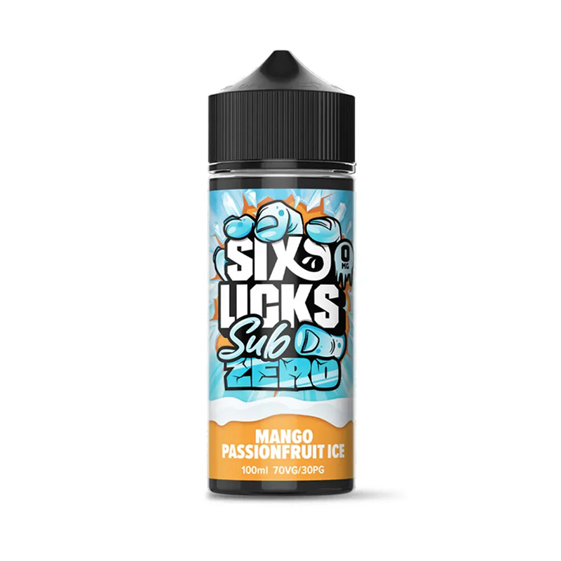 Six Licks Sub Zero Mango Passionfruit Ice originalflaska mot vit bakgrund