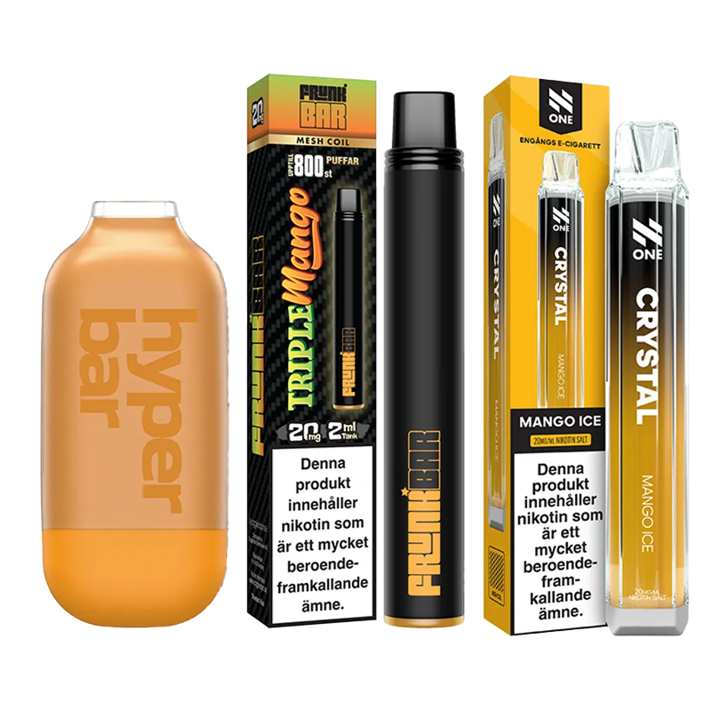 3-pack engångsvapes mango – Hyper Bar Mango Blast, Frunk Bar Triple Mango och N One Crystal Mango Ice 20 mg