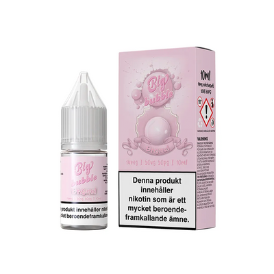 På bilden syns en flaska och låda. båda är rosa och på dom står det big bubble Orginal 14mg 50vg 50pg 10ml