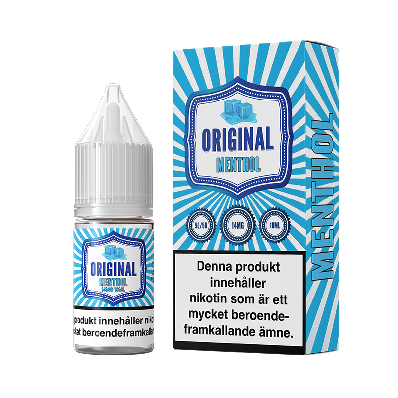 På bilden syns en flaska och låda. båda är blåa och vita. på dom står det original menthol 50/50 14mg 10ml