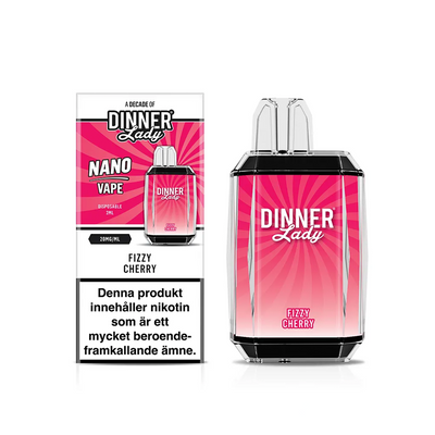 Dinner Lady Nano Mesh Fizzy Cherry engångsvape med förpackning – smak av körsbär och läsk, 20 mg nikotinsalt