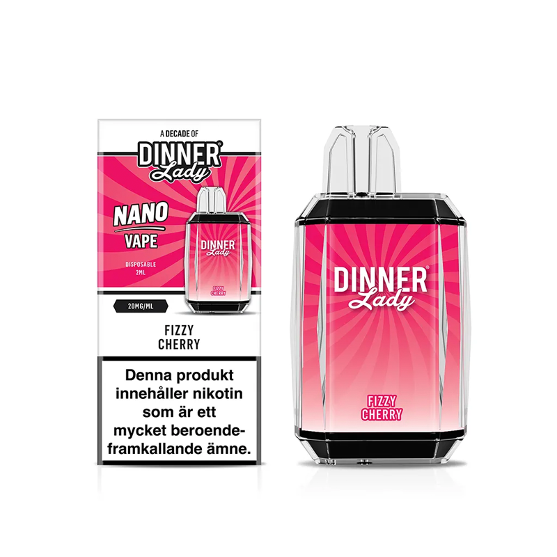 Dinner Lady Nano Mesh Fizzy Cherry engångsvape med förpackning – smak av körsbär och läsk, 20 mg nikotinsalt