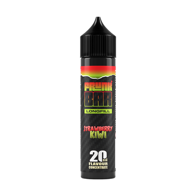 Svart, röd och grön flaska. På flaskan står det frunk bar longfill strawberry kiwi 20ml flavour concentrate