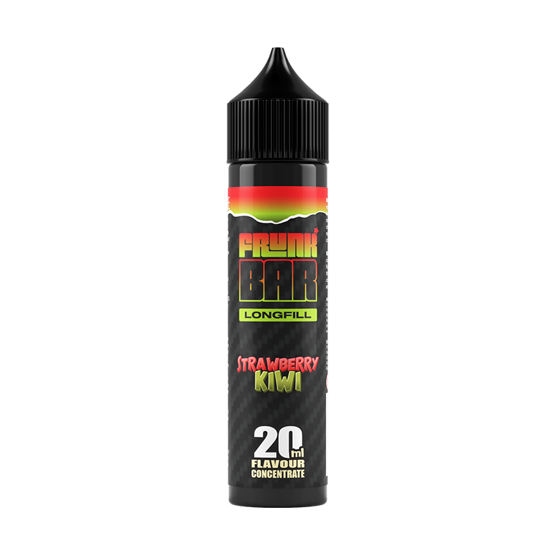 Svart, röd och grön flaska. På flaskan står det frunk bar longfill strawberry kiwi 20ml flavour concentrate