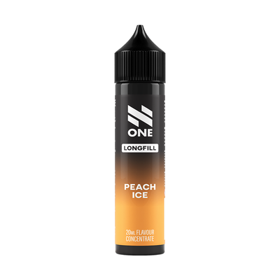 Svart och orange flaska. På flaskan står det N One longfill peach ice 20ml flavour concentrate