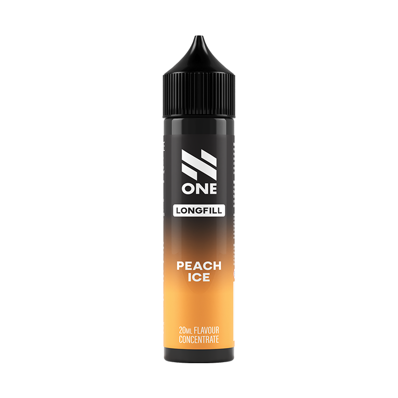 Svart och orange flaska. På flaskan står det N One longfill peach ice 20ml flavour concentrate