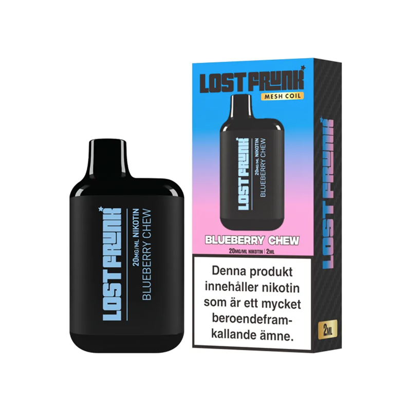 Lost Frunk Engångs Vape Blueberry Chew bredvid originalförpackning