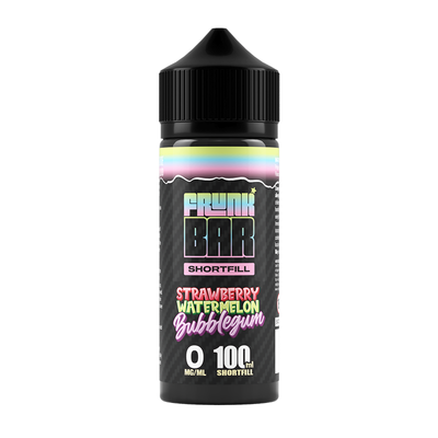 Svart, grön och rosa flaska. På flaskan står det frunk bar shortfill strawberry watermelon bubblegum 0 mg/ml 100ml shortfill