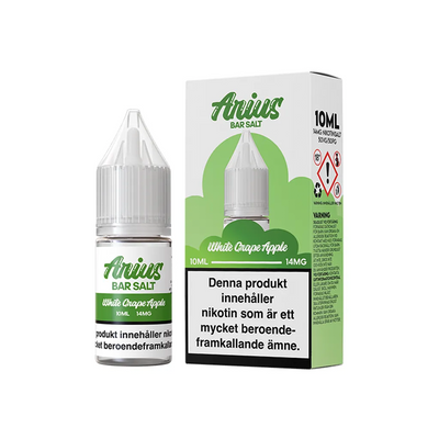 Arius Bar Salt White Grape Apple flaska bredvid originalförpackning